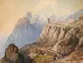 Waldemar Gustav Knoll, Gebirgszug in Swanetien, Kaukasus, Um 1900, Aquarell über Blei auf Malpappe