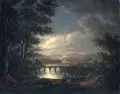 Aert van der Neer, (Nachfolger), Flusslandschaft mit Bogenbrücke und Boot im Mondschein. Mitte 18. Jh, Öl auf Leinwand, mit einem groben Gewebe und einer Papierzwischenlage doubliert