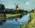 Julian Klein von Diepold, Ostfriesische Landschaft mit Kanal und Windmühle. Wohl um 1920, Öl auf Leinwand