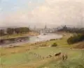 Albert Ernst Mühlig, Blick auf Dresden vom Waldschlösschen aus. Wohl um 1906 -1909, Öl auf Malpappe (oder Sperrholz, Rückseite nicht einsehbar)