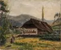 Wilhelm Carl August Zimmer, Mädchen in Tracht vor einem Schwarzwaldhaus, 1929, Öl auf Leinwand