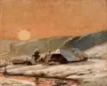 Wilhelm Carl August Zimmer, Schwarzwaldhäuser im Schnee, 1926, Öl auf Hartfaser