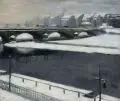 Arthur Dannebauer, Dresdner Künstler (?), Dresden - Blick auf die Augustusbrücke mit Neustädter Ufer im Winter, 1930, Öl auf bedrucktem, dunkelblauen Gewebe