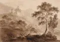 Samuel Rösel, Festung Zwingenberg, Ansicht vom Neckar / Festung Zwingenberg, Ansicht des Burghofs, 1819, Pinselzeichnungen in brauner Tusche über Blei auf Papier mit bläulich gefasstem Rand