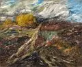 Bartold Asendorpf, Erntelandschaft mit Heuschober. Wohl um 1930, Öl auf Leinwand