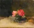 Arno Drescher, Stillleben mit Kamelienblüten. Wohl frühe 1950er Jahre, Öl auf Hartfaser