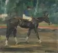 Max Feldbauer, Jockey, auf einem Pferd sitzend, Wohl 1920, Öl auf Sperrholz