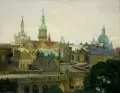 Adolf Mahnke, (?), Dresden – Blick über den Zwinger auf die Altstadt. Wohl 1920er Jahre, Öl auf Sperrholz, verso Randverstärkung durch Holzleisten, diese vorderseitig durch Nagelung umlaufend fixiert (Nagelköpfe bemalt)