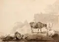Johann Georg Wagner, Rastender Hirte vor einem Dorf. Mitte 18. Jh, Feder- und Pinselzeichnung in Tusche, laviert, auf Bütten