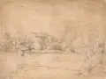 Carl Ernst Fischer, (zugeschr.), Wiesen mit Bachlauf hinter Häusern. Wohl Spätes 19. Jh, Bleistiftzeichnung auf festem, ockerfarbenen Papier