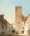 Anton Höchl, Blick auf den Auerturm in Aichach. 1860er Jahre, Aquarell, vollflächig auf anthrazitfarbenem, festen Karton kaschiert