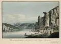 Meser'sche Kunst- und Musikalienhandlung, Hirniskretschen, lieu final de la Suisse Saxonne, Um 1830, Umrissradierung, altkoloriert auf Bütten