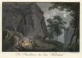 Johann Carl August Richter, Der Raubstein bei dem Kuhstall, Um 1830, Umrissradierung, altkoloriert, auf Bütten