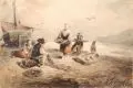 Albert Ludwig Trippel, Fischer beim Netzeflicken. Wohl um 1840/1850, Aquarell über Blei, partiell weiß gehöht, auf feinem Papier