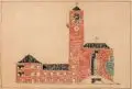 Rudolf Kolbe, Zwei Entwurfszeichnungen eines Kirchenbaues, 1928, Farbige Kreidezeichnungen