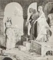 Sascha Schneider, Die Heimsuchung, Federzeichnung in Tusche, partiell weiß gehöht, auf graublauem Papier, vollflächig auf Untersatzkarton klebemontiert
