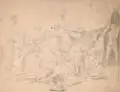 Sascha Schneider, Kampf in Troja, 1887, Bleistiftzeichnung auf bräunlichem Papier, vollflächig auf Untersatzkarton klebemontiert