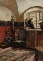 Paul Barthel, Interieur mit lesender Dame. Ende 19. Jh./1. Viertel 20. Jh, Öl auf Sperrholz