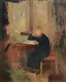 Arno Drescher, Lesende am Tisch. Mitte 20. Jh, Öl auf Malpappe