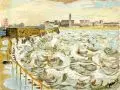 Erhard Hippold, Warnemünde - Blick auf den Hafen, 1958, Öl auf Papier, auf Hartfaser kaschiert und auf eine Sperrholzplatte klebemontiert