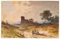 Albert Dressler, Wanderer in der Kampagna mit Burgruine. Mitte 19. Jh, Aquarell und Deckfarben über Bleistiftzeichnung auf Velin