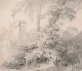 Alexius Geyer, Quelle im Sabiner Gebirge bei Afile, 1844, Bleistiftzeichnung