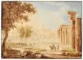 Franz Kaisermann, Rom – Blick auf das Forum Romanum, das Kapitol und den Bogen des Septimus severus. 1. Viertel 19. Jh, Aquarell, partiell eiweißgehöht, über Bleistift auf feinem Bütten, vollflächig auf leichten Karton kaschiert