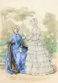 Héloïse Colin, Modedarstellung – Zwei junge Damen im Park. 19. Jh, Aquarellierte Federzeichnung und Bleistift auf Papier
