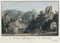 Meser'sche Kunst- und Musikalienhandlung, Le Chateau de Graupen avec la Rosenjburg, Um 1830, Umrissradierung, altkoloriert, auf Bütten