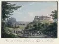 Johann Carl August Richter, Straße nach der Festung Königstein und Ansicht des Liliensteins, Um 1830, Umrissradierung, altkoloriert, auf Bütten