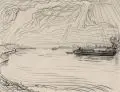 Richard Dreher, Lastkähne auf der Elbe / Flusslandschaft (Elbe?)