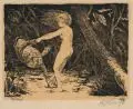 Bruno Héroux, Elfe und Kröte, Lithografie und Holzschnitte, verschiedenfarbig, auf Karton / dünnem Papier. "Elfe und Kröte" im Stein u.li. signiert "Héroux" darunter nochmals in Blei signier