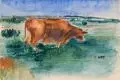 Christoph Voll, Weidende Kuh. Wohl 1920er Jahre, Aquarell auf hauchdünnem Japan