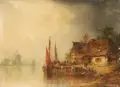 Ludwig Hermann, Niederländisches Dorf am Wasser. Wohl um 1870/1880, Öl auf Leinwand