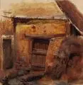 Wilhelm Heinrich Schneider, Bäuerliche Hütte. Wohl 2. H. 19. Jh, Öl auf leichtem, vollflächig grundiertem Karton