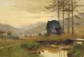 Walter Moras, Abendstimmung in einer Mittelgebirgslandschaft mit Blick auf ein Dorf. Wohl Anfang 20. Jh, Öl auf Leinwand