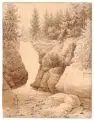 Adrian Zingg, (Umkreis / Schule), Gebirgslandschaft mit Wasserfall und Wanderer. 2. H. 18. Jh, Federzeichnung in Sepia auf Papier