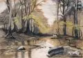 Bruno Gimpel, Darßwald mit Bachlauf. 1. H. 20. Jh, Farbige Pastellkreidezeichnung auf bräunlichem Papier, auf einer Malpappe klebemontiert