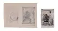 Bruno Héroux, Drei Exlibris Gustav Drobner, E.W.I. Gärtner, Arthur Liebsch und eine Entwurfszeichnung. Ohne Jahr, Radierungen und eine Bleistiftzeichnung auf Papier. a) Exlibris "Gustav Drobner" / "E.W.I