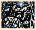 Otto Lange, Flucht der Heiligen Familie, 1916, Farbholzschnitt auf wolkigem Papier