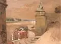 Bertha Schrader, Treppe zum Pillnitzer Wasserpalais, 1885, Aquarell auf braunem Zeichenkarton, partiell weiß gehöht, vollflächig auf Untersatzkarton montiert