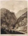 Christian Haldenwang, Ansicht des Wasserfalls und der Mühle bei Ragatz in Graubünden, 1797, Aquatinta in Sepiaton auf Bütten