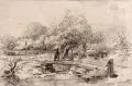 Wilhelm Heinrich Schneider, Wasserstelle an einem Weiher. 2. H. 19. Jh, Kohlestiftzeichnung auf bräunlichem Papier