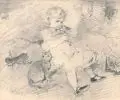Wilhelm Velten, Kind mit Katze im Gras, Um 1900, Bleistiftzeichnung auf gelblichem Papier