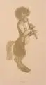 Josef Goller, Flötespielender Faun. 1. H. 20. Jh, Farbholzschnitt in Grün und Gelb auf Papier