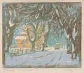 Marie Hager, Allee mit Droschke im Winter. 1. H. 20. Jh, Farbholzschnitt auf Bütten, vollflächig auf Karton montiert