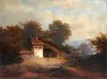 Wilhelm Heinrich Schneider, Landschaft mit kleinem Gehöft (links). 2. H. 19. Jh, Öl auf Leinwand, vollflächig auf feste Malpappe maroufliert