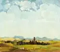 Franz Gaudeck, Weite Landschaft mit Ausflüglern und Maler mit Blick auf die sächsisch-böhmische Schweiz, 1941, Öl auf Hartfaser