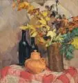 Walter Püttner, Stillleben mit Tonkrug und Herbststrauß. 1. H. 20. Jh, Öl auf Leinwand