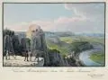 Carl Heinrich Beichling, Vue du Mönchstein dans la Suisse Saxonne, Um 1820, Umrissradierung, altkoloriert auf Bütten
